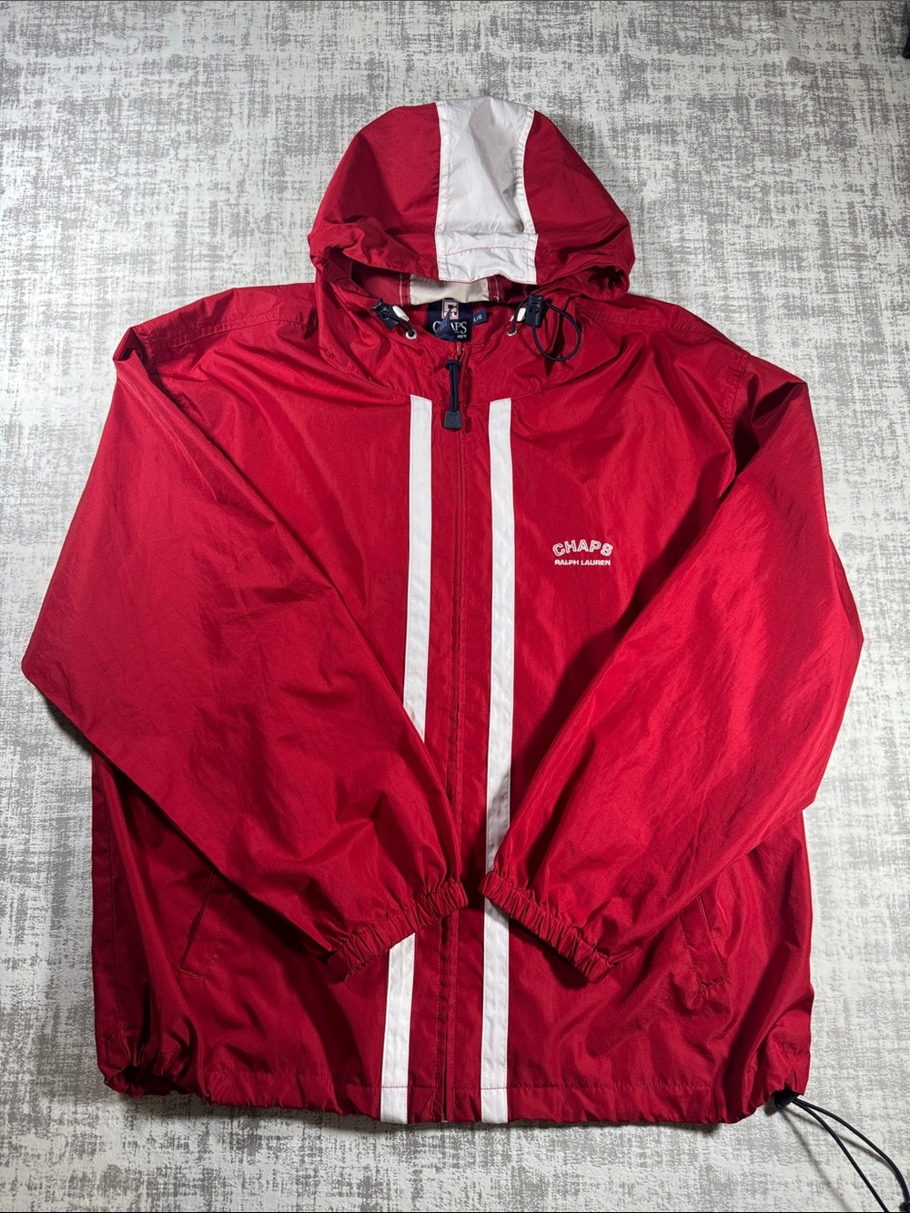 Vintage Chaps Red Hooded Windbreaker with White Racing Stripes size L 27.5X26PTP